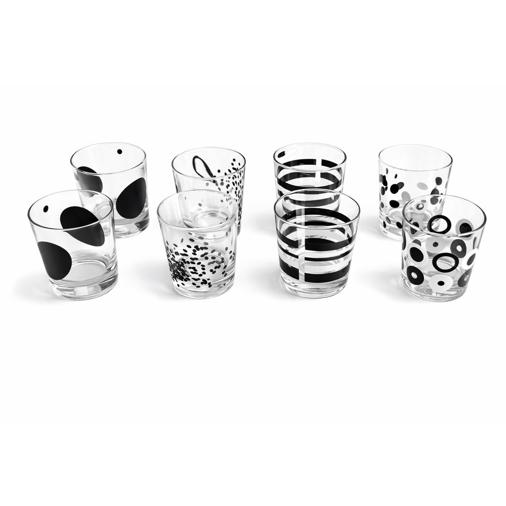 Set of 8 IKEA Lowball Glasses Black White Pattern Mixed Modern Rocks Tumblers